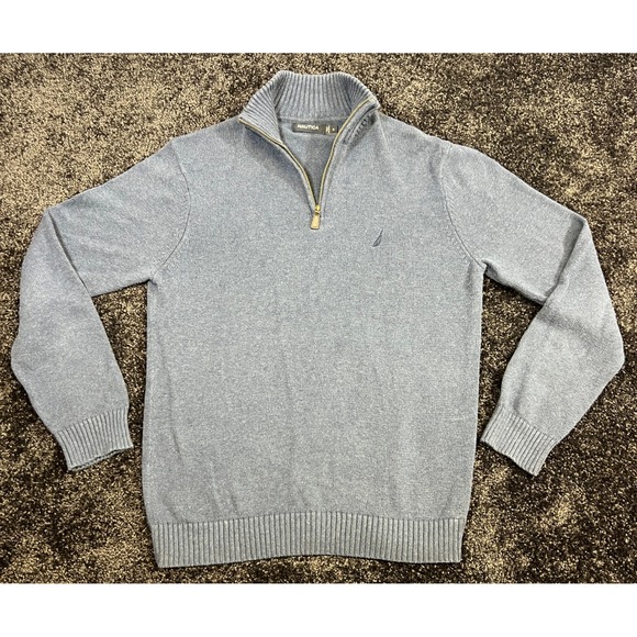 Nautica Men's Quarter Zip Pullover Sweater Light Blue Cotton Blend - Picture 1 of 7